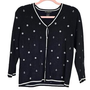 ⚓ ERIN MATTHEWS Vintage Black/White Cardigan Nautical Embroidered Size S⚓